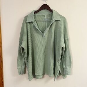 Free People We The Free Travis Polo Waffle Knit Tunic Shirt Size Medium Green